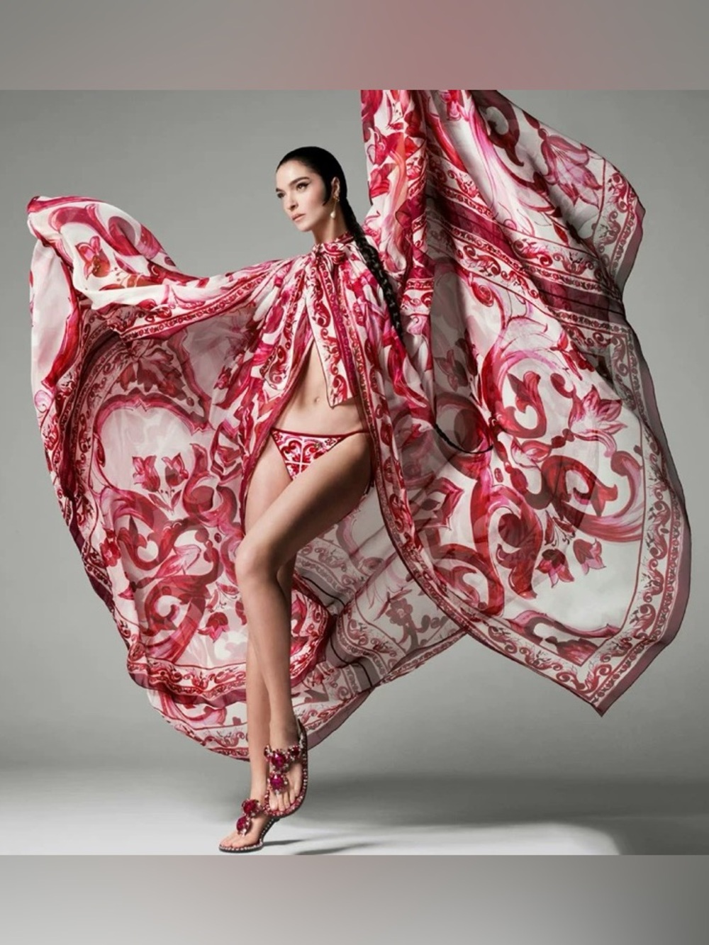 Designer-style Majolica Print Chiffon Cape - Red 150cm Long